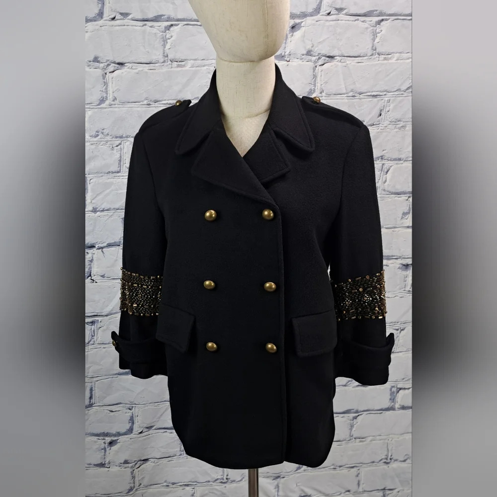 Gryphon New York Beaded Pea Coat Winter Jacket Military Wool Cashmere sz Medium